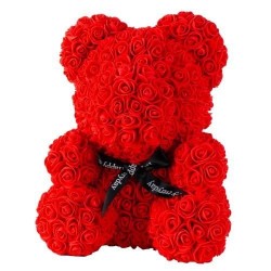 Květinový medvídek z červených růžiček 25x18cm
