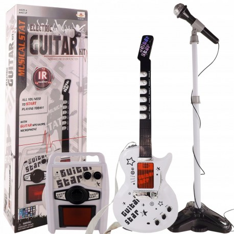 9010 9010 Bezdrátová elektrická kytara s mikrofonem a zesilovačem Bílá